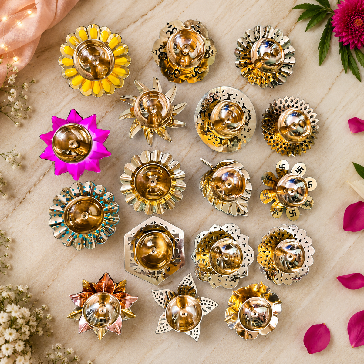 (MG1) (MOQ -50 Pcs) Mixed Design Decorative Brass Oil Diya – Traditional Pooja Lamp