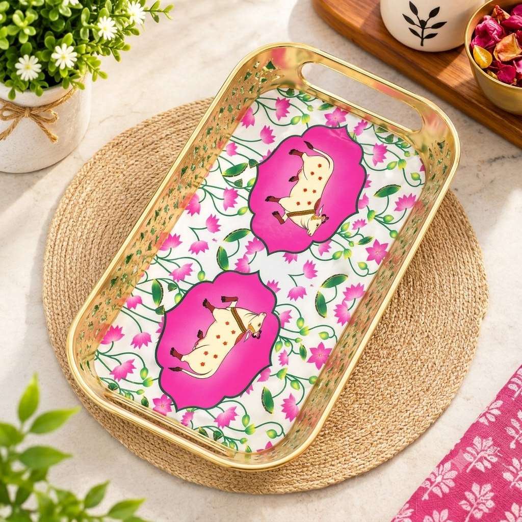 (R40) Pichwai Art Decorative Serving Tray with Gold Finish 8 Inch (1pcs-200Rs)