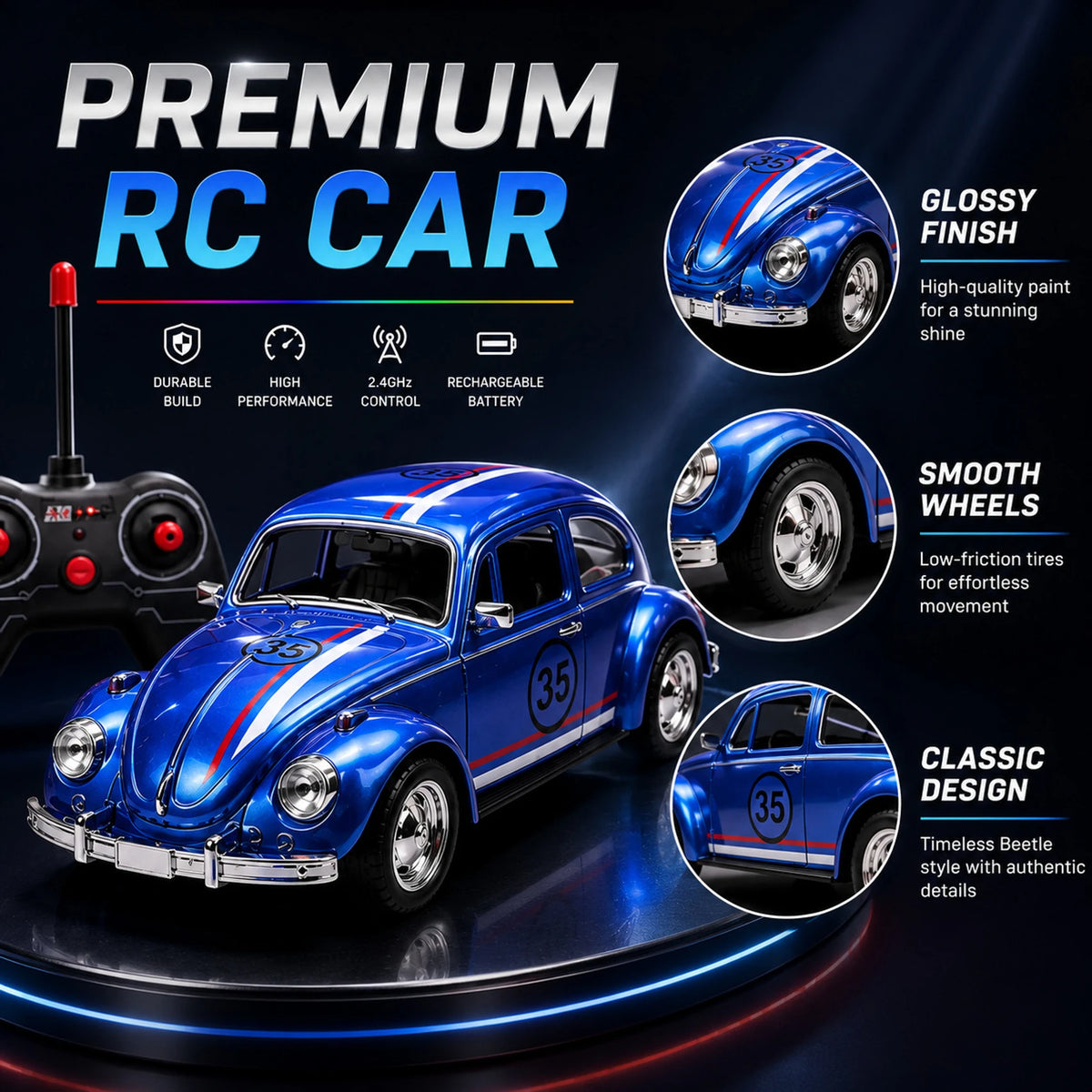 (T53) Racer Car – Rechargeable RC Car with Lights & 4-Way Control (Multicolor)