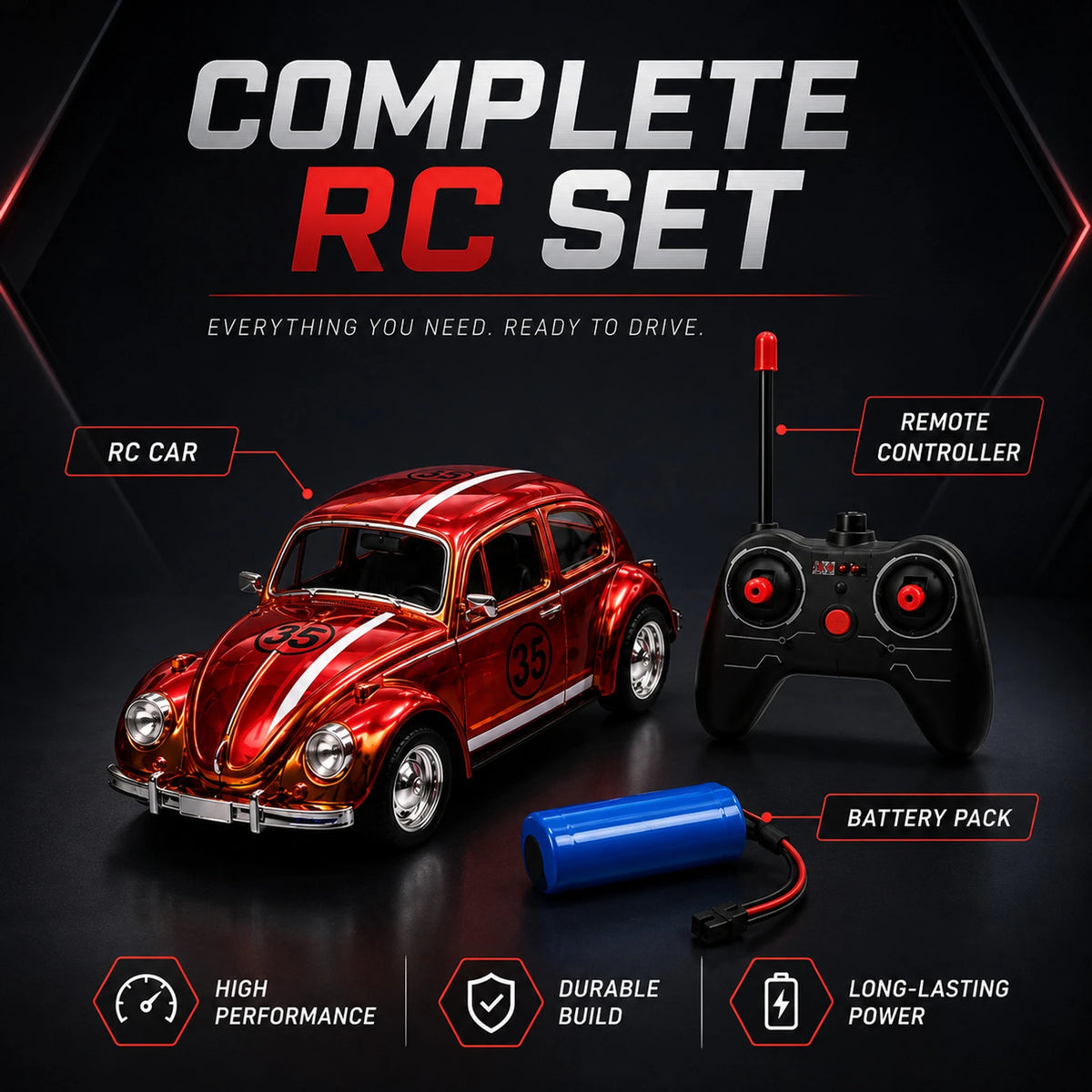 (T53) Racer Car – Rechargeable RC Car with Lights & 4-Way Control (Multicolor)