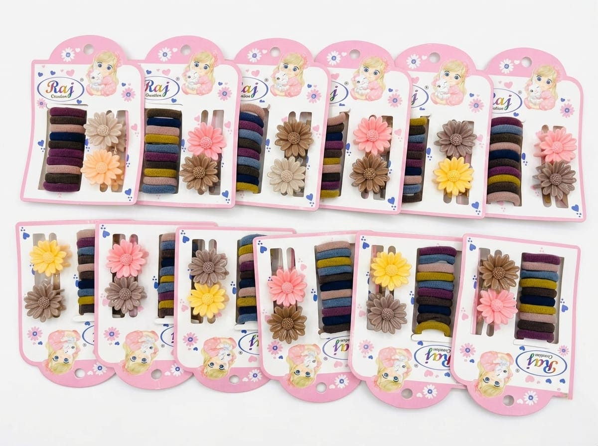 (WA-018) Combo Set Colorful Clips & Soft Hair Bands (One Set 15.Rs) Pack of 12 - 180.Rs