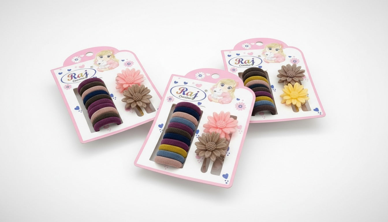 (WA-018) Combo Set Colorful Clips & Soft Hair Bands (One Set 15.Rs) Pack of 12 - 180.Rs