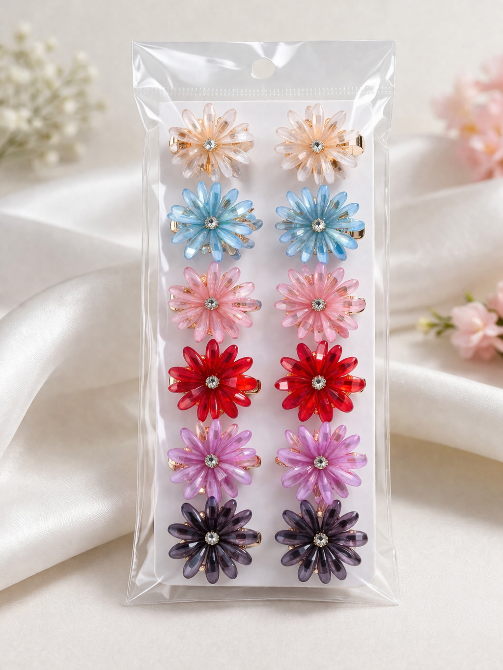 (WA-003) Crystal Floral Hair Claws – Multi Color (₹20 Per Piece) | 12 Clips - 240.Rs