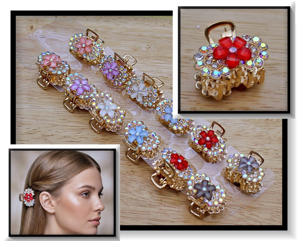 (WA-004) Crystal Stone Floral Hair Claws – (₹16 Per Piece | Pack of 12 – ₹190)