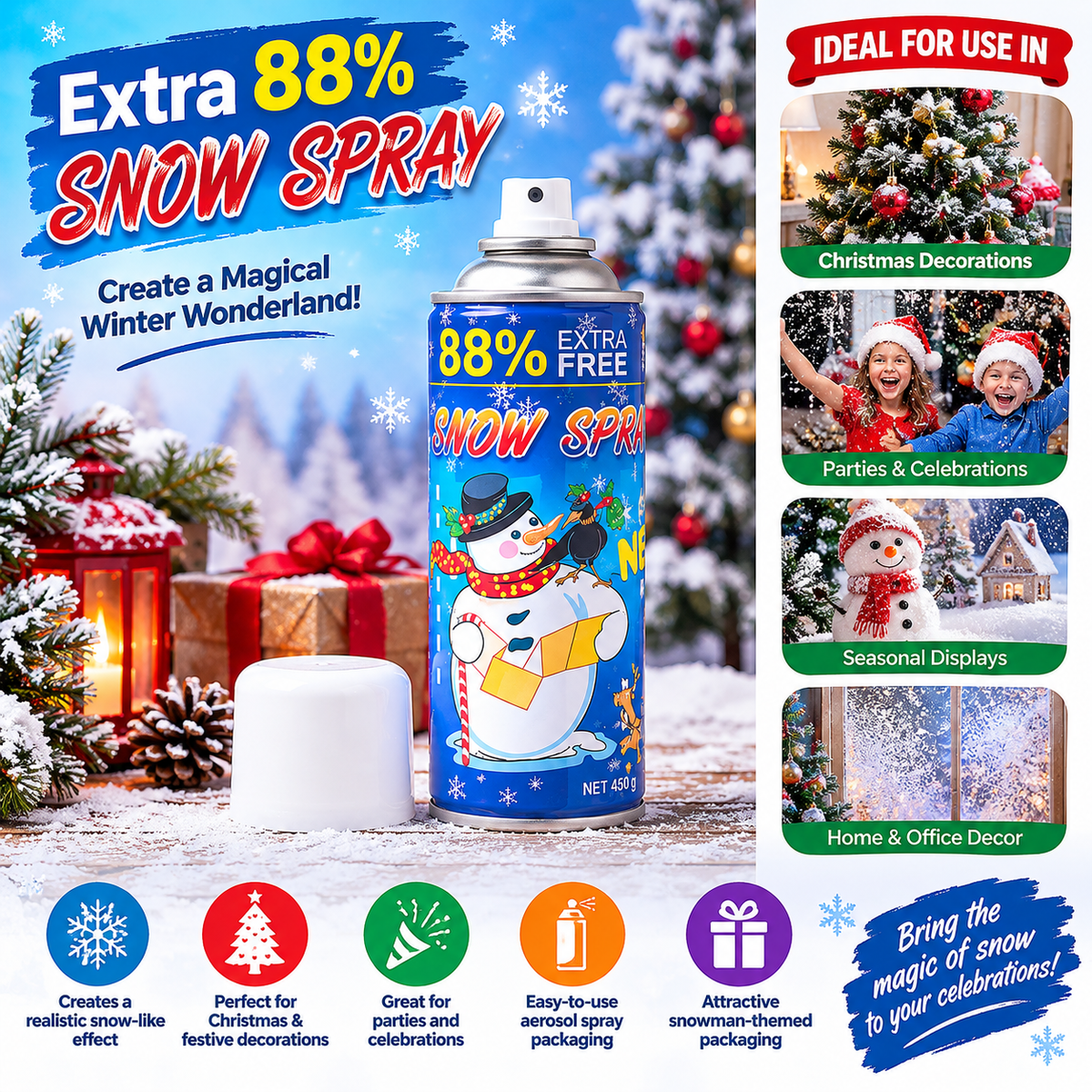 (G60) Festive Snow Spray – 450g Birthday & Party Decoration Spray( 1 Piece - 40 Rs )