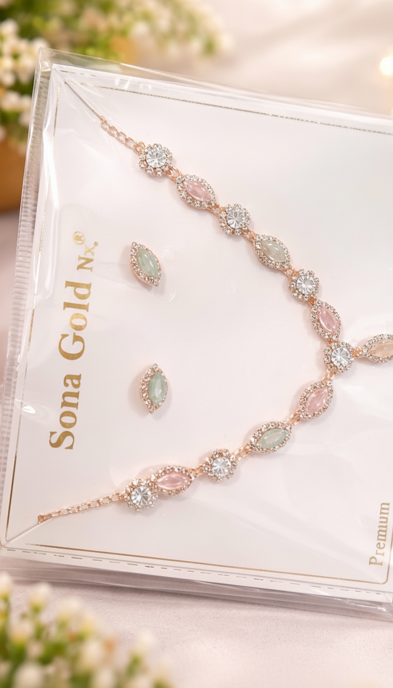(030) Elegant Stone Chain & Anklet Set – Rose Gold Finish (₹100 One Set)