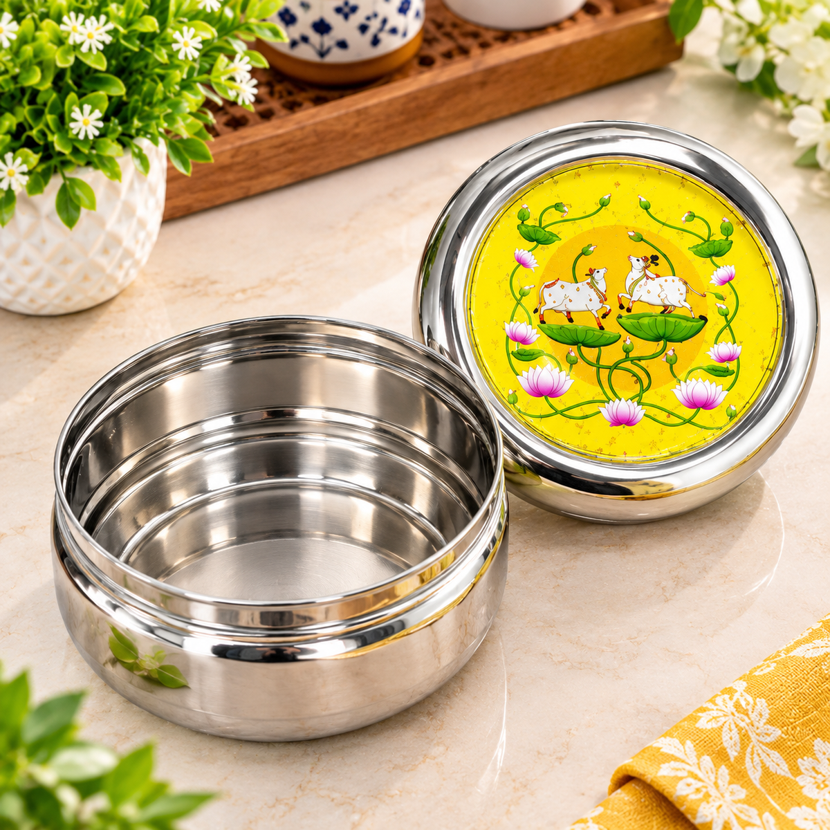 (R41) (MOQ-4Pcs) Stainless Steel Pichwai Design Tiffin Box (1pcs-100Rs)