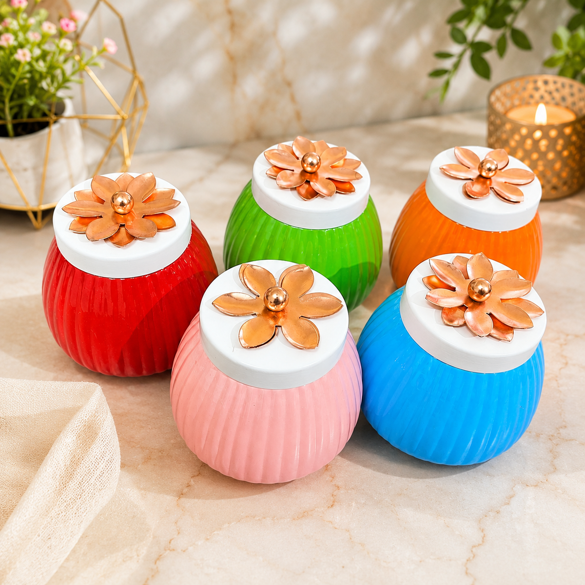 (R39)(MOQ- 12 Pcs)Colorful Flower Lid Decorative Storage Jar Set(1 Pcs -100rs)