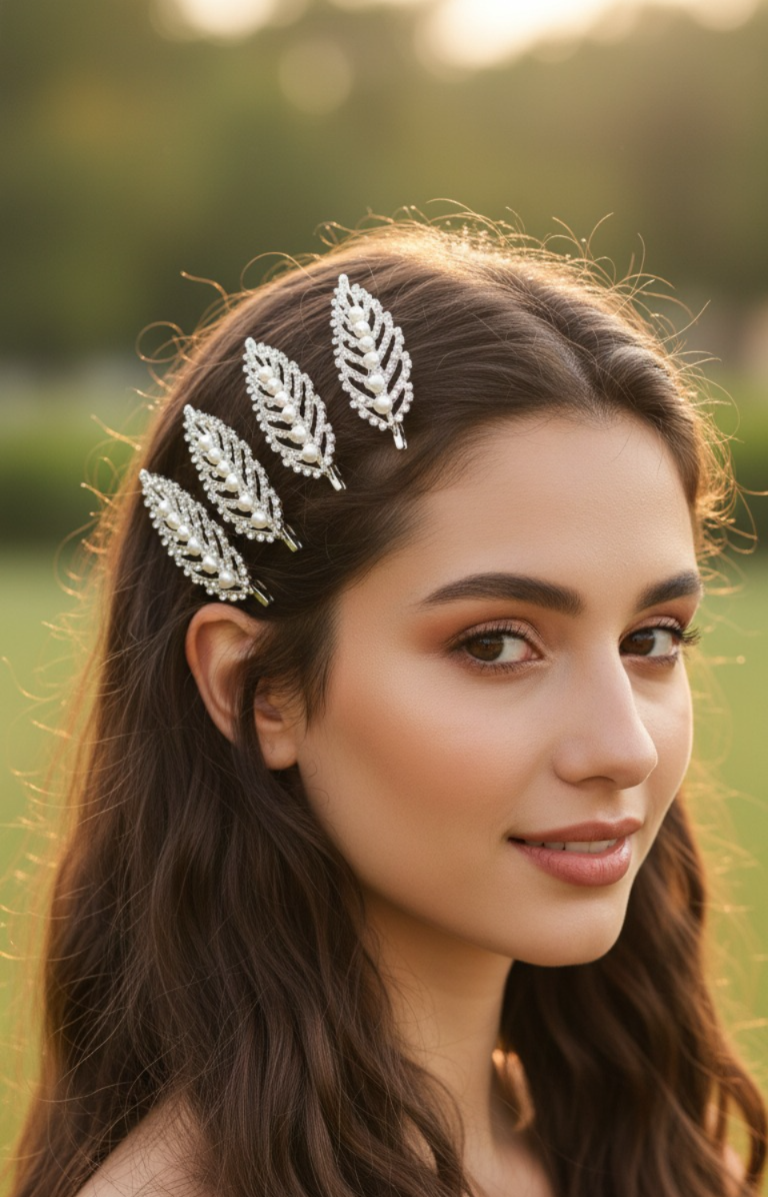 (026) Pearl Leaf Designer Hair Clip – Party Wear (₹20 Per Piece | Pack of 12 – ₹240)