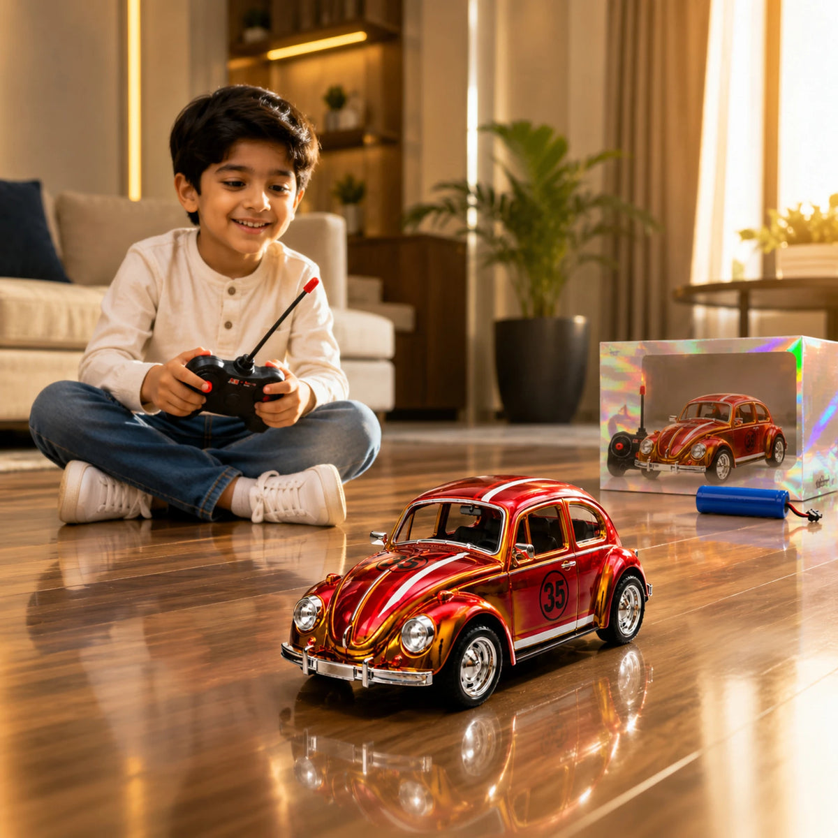 (T53) Racer Car – Rechargeable RC Car with Lights & 4-Way Control (Multicolor)