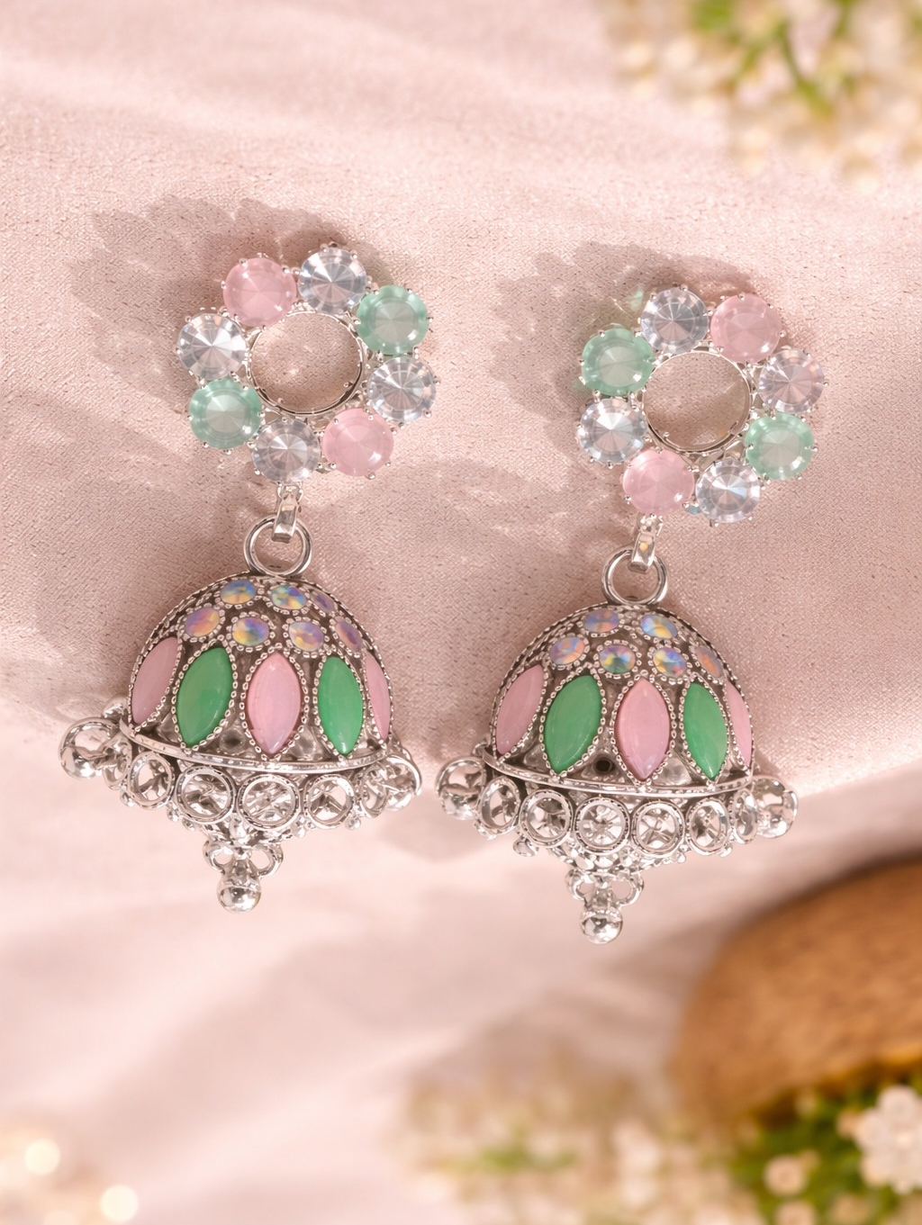 (031) (MOQ - 4 Pcs) Traditional Jhumka Earrings – Multicolor Stone Drop (One Pair ₹60.Rs )