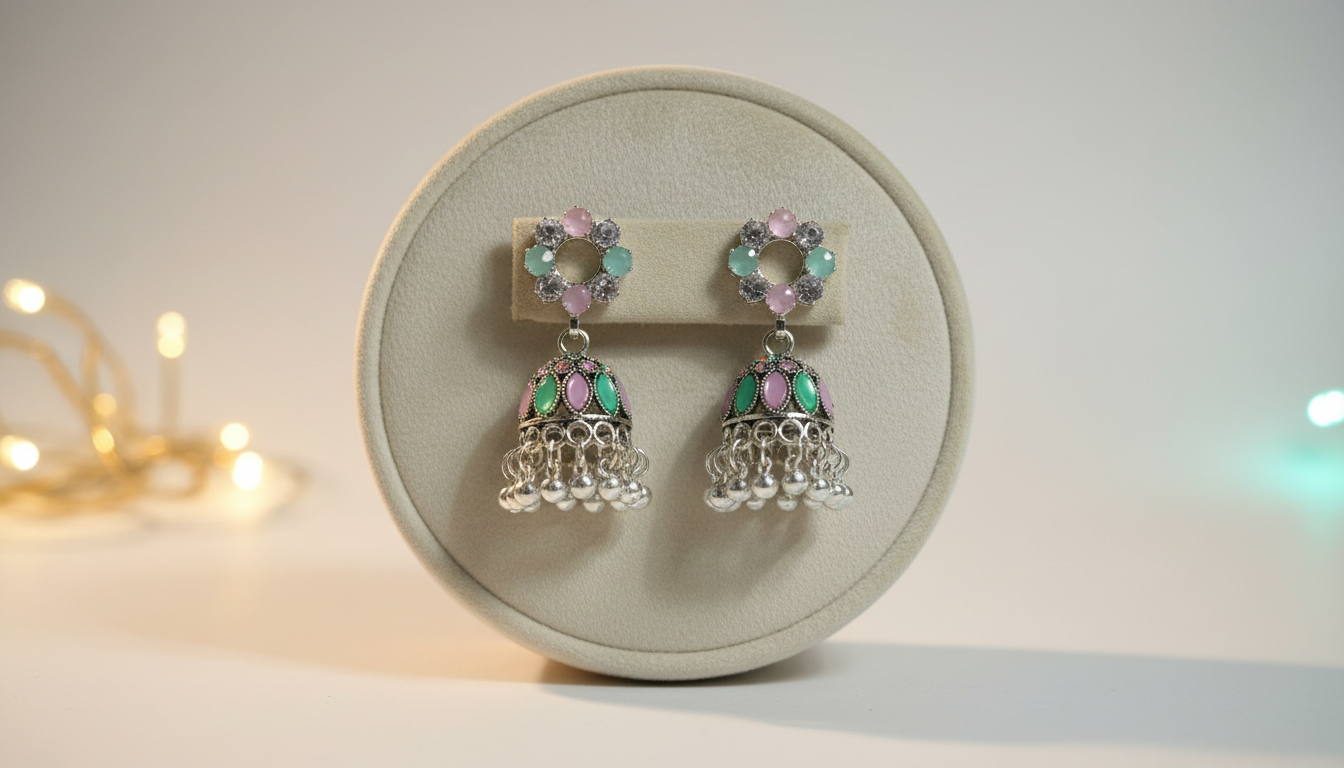 (031) (MOQ - 4 Pcs) Traditional Jhumka Earrings – Multicolor Stone Drop (One Pair ₹60.Rs )