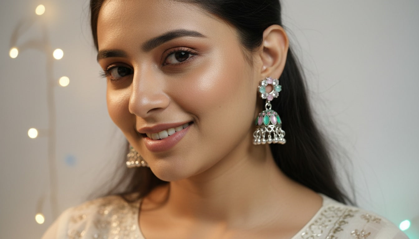 (031) (MOQ - 4 Pcs) Traditional Jhumka Earrings – Multicolor Stone Drop (One Pair ₹60.Rs )