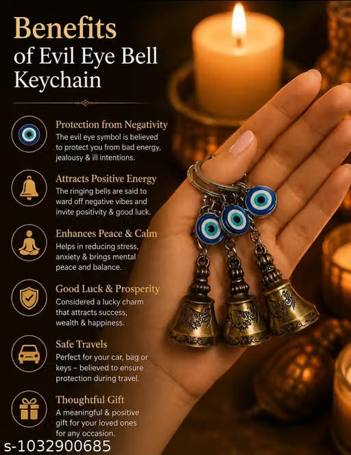 (KC44) Evil Eye Bell Keychain – Decorative Protection Key Ring with Metal Bell Pendant ( Pack of 12 Pcs - 1200 Rs)